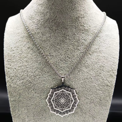Wicca Lotus Stainless Steel Chain Necklace for Men Silver Color Yoga Mandala Buddhism Necklace Jewelry Bijuterias B18204