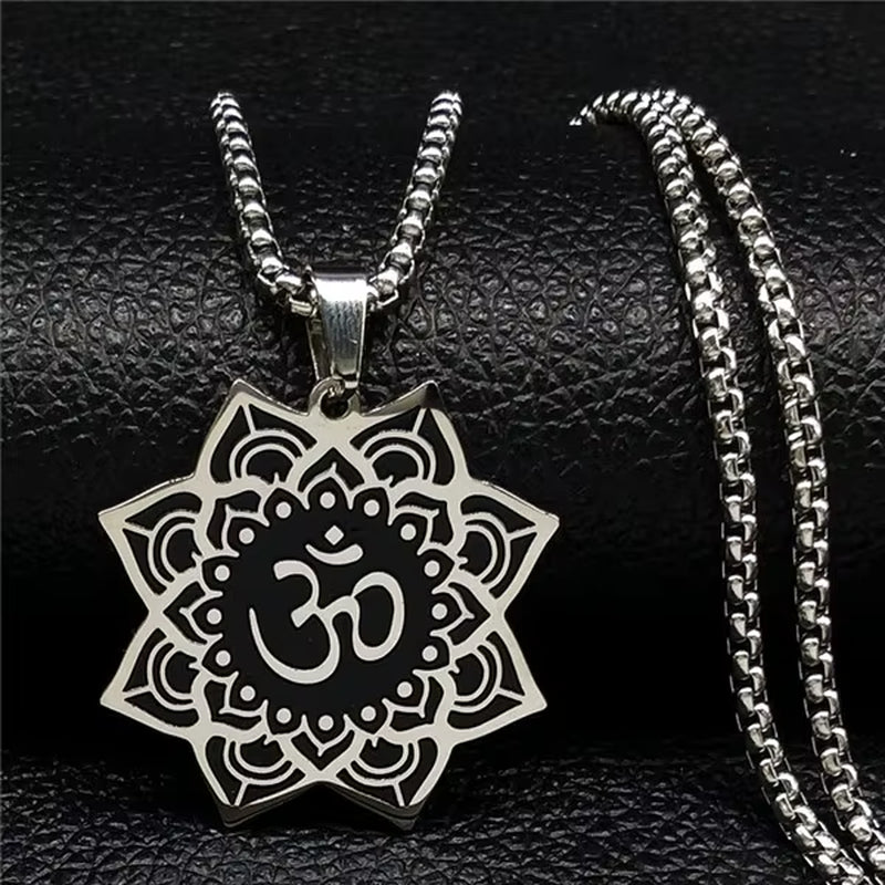 Wicca Lotus Stainless Steel Chain Necklace for Men Silver Color Yoga Mandala Buddhism Necklace Jewelry Bijuterias B18204
