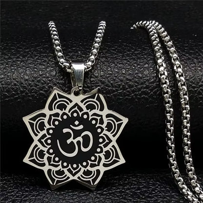 Wicca Lotus Stainless Steel Chain Necklace for Men Silver Color Yoga Mandala Buddhism Necklace Jewelry Bijuterias B18204
