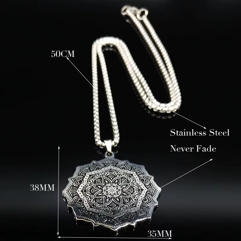 Wicca Lotus Stainless Steel Chain Necklace for Men Silver Color Yoga Mandala Buddhism Necklace Jewelry Bijuterias B18204