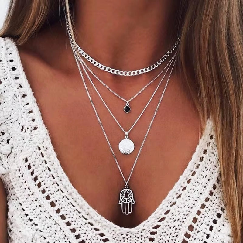 Vintage Multi Layer Party Jewelry Leaves Stars Hamsa Hand Moon Chain Necklaces & Pendants for Women Hot Sale Bijuterias