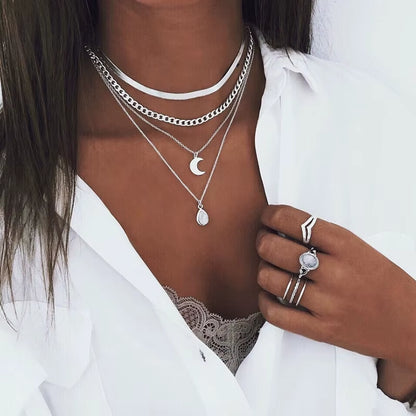 Vintage Multi Layer Party Jewelry Leaves Stars Hamsa Hand Moon Chain Necklaces & Pendants for Women Hot Sale Bijuterias