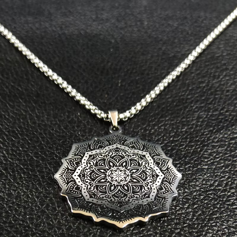 Wicca Lotus Stainless Steel Chain Necklace for Men Silver Color Yoga Mandala Buddhism Necklace Jewelry Bijuterias B18204
