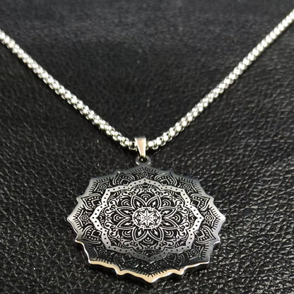 Wicca Lotus Stainless Steel Chain Necklace for Men Silver Color Yoga Mandala Buddhism Necklace Jewelry Bijuterias B18204