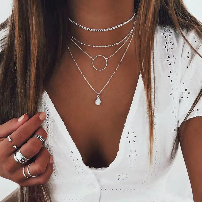 Vintage Multi Layer Party Jewelry Leaves Stars Hamsa Hand Moon Chain Necklaces & Pendants for Women Hot Sale Bijuterias