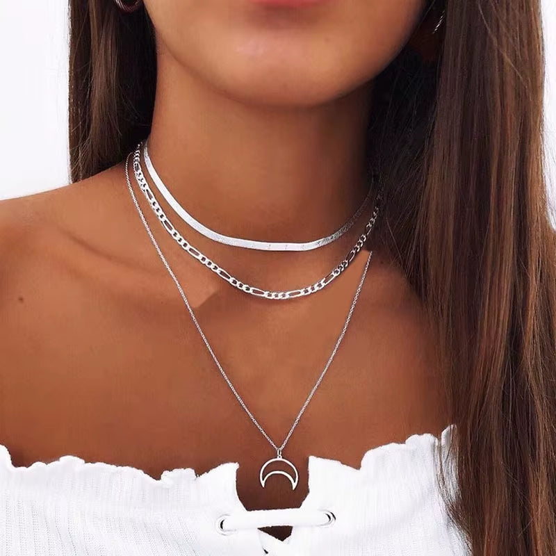 Vintage Multi Layer Party Jewelry Leaves Stars Hamsa Hand Moon Chain Necklaces & Pendants for Women Hot Sale Bijuterias