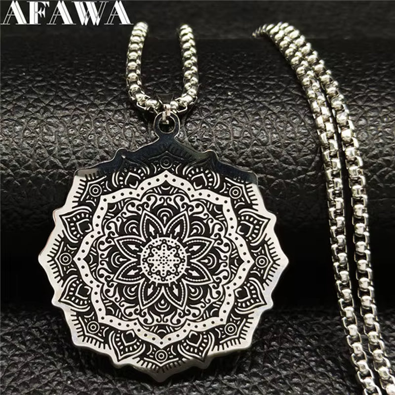 Wicca Lotus Stainless Steel Chain Necklace for Men Silver Color Yoga Mandala Buddhism Necklace Jewelry Bijuterias B18204