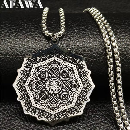 Wicca Lotus Stainless Steel Chain Necklace for Men Silver Color Yoga Mandala Buddhism Necklace Jewelry Bijuterias B18204