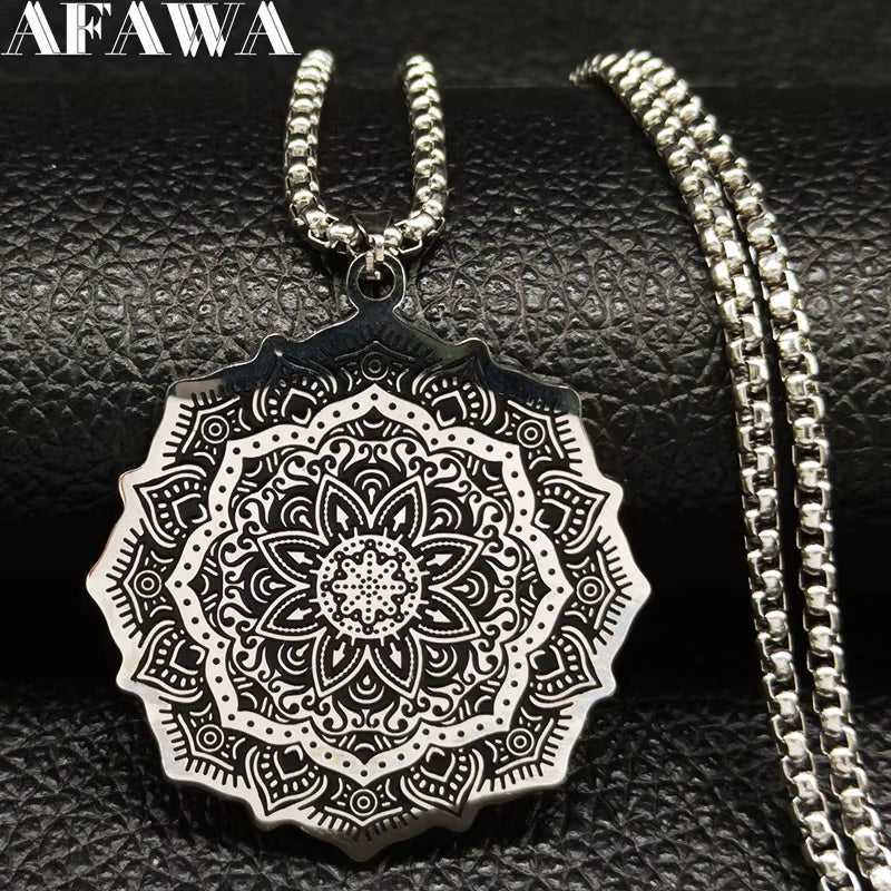 Wicca Lotus Stainless Steel Chain Necklace for Men Silver Color Yoga Mandala Buddhism Necklace Jewelry Bijuterias B18204