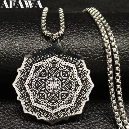 Wicca Lotus Stainless Steel Chain Necklace for Men Silver Color Yoga Mandala Buddhism Necklace Jewelry Bijuterias B18204