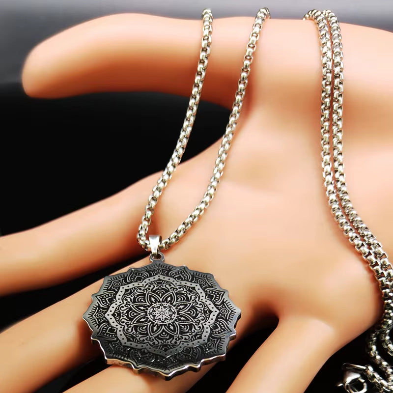 Wicca Lotus Stainless Steel Chain Necklace for Men Silver Color Yoga Mandala Buddhism Necklace Jewelry Bijuterias B18204