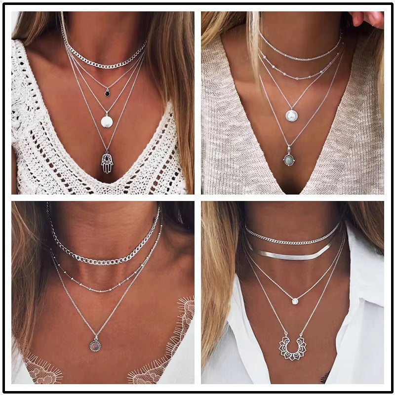 Vintage Multi Layer Party Jewelry Leaves Stars Hamsa Hand Moon Chain Necklaces & Pendants for Women Hot Sale Bijuterias