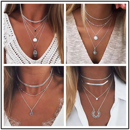 Vintage Multi Layer Party Jewelry Leaves Stars Hamsa Hand Moon Chain Necklaces & Pendants for Women Hot Sale Bijuterias