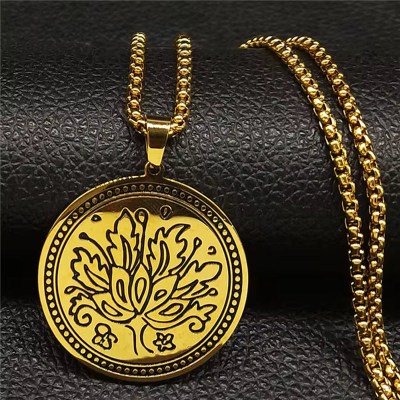 Wicca Lotus Stainless Steel Chain Necklace for Men Silver Color Yoga Mandala Buddhism Necklace Jewelry Bijuterias B18204